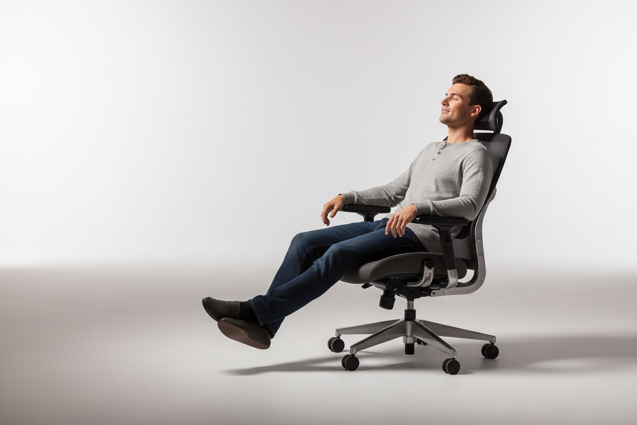 créé une image professionnelle d'une chaise ergonomique avec quelqu'un de détendue dessue pour illustré un support media de mon site shopify pour une boutique de matos ergonomique. n'hésite pas a jouer sur les lumière et réfléchie comme un cadreur professionel